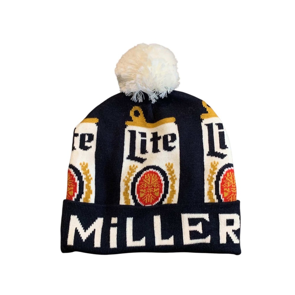 Miller Lite Beanie Hat Unisex OSFA Navy Blue Beer‎ Core Pom Pom Knit Winter